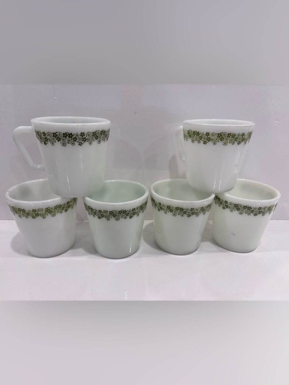 Vintage Pyrex green crazy daisy set of 6 mugs milk glass spring blossom